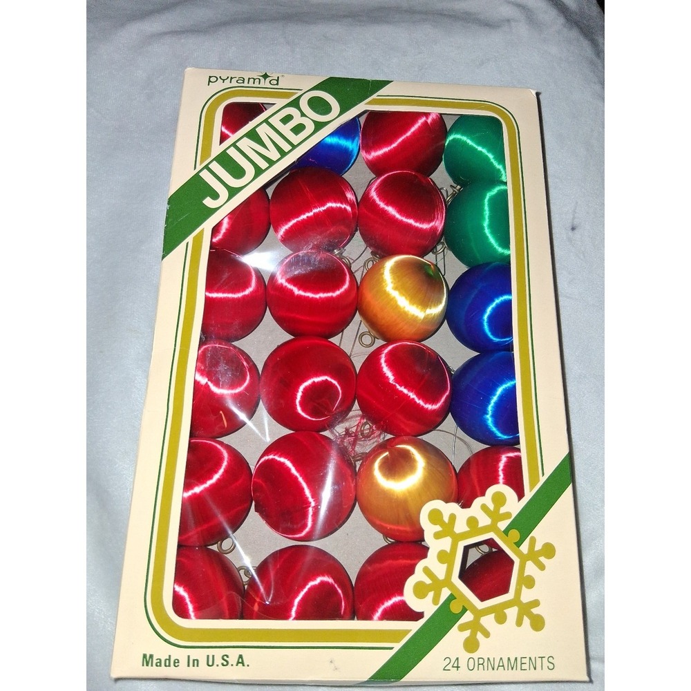 Vintage Rauch Satin-Sheen Pyramid Jumbo Christmas Ornaments 24 USA MCM Box